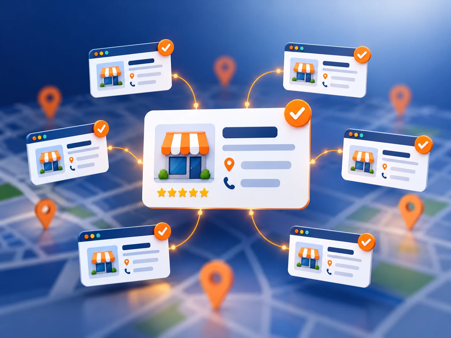 Ficha de uma empresa com endereço, telefone e avaliação ligada a vários diretórios sobre um mapa