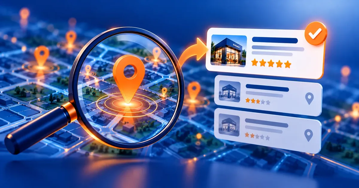 Lupa sobre o mapa da cidade apontando para uma lista de empresas, com a mais bem avaliada em primeiro lugar