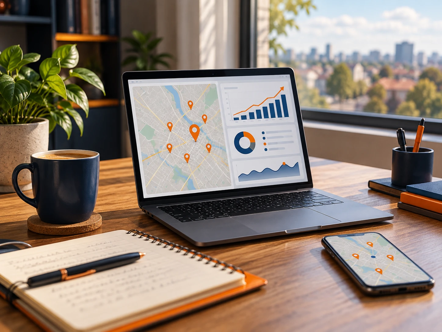 Notebook e celular mostrando um mapa com pontos de localização e gráficos de desempenho sobre uma mesa de trabalho